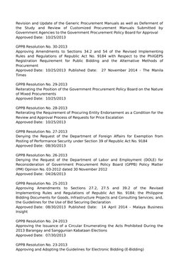 Revision and Update of the Generic Procurement Manuals as well as Deferment of
the  Study  and  Review  of  Customized  Procu