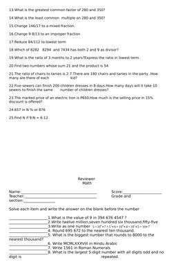 13.What is the greatest common factor of 280 and 350?
14.What is the least common  multiple on 280 and 350?
15.Change 146/17
