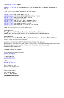 List of LET REVIEWER  (http://www.olx.ph/index.php/classifieds+directory/q/let+reviewer)BOOKS: 
 
-MET LET REVIEWER 2013 Edit