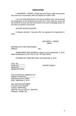 VERIFICATION
I, EDGARDO L. PEDRO, of legal age and Filipino, after having been
duly sworn to in accordance with law, depose a