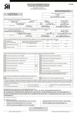 F 2118
SOLICITUD DE MODIFICACION AL
CATASTRO DE BIENES RAICES
Disponible en Internet
(Instrucciones de llenado al reverso)
US