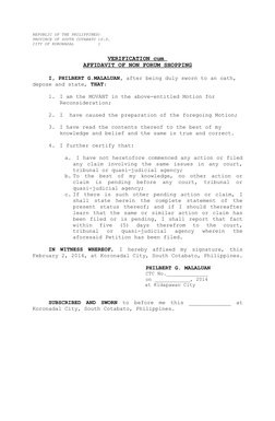 REPUBLIC OF THE PHILIPPINES)
PROVINCE OF SOUTH COTABATO )S.S.
CITY OF KORONADAL          )
VERIFICATION cum 
AFFIDAVIT OF NON