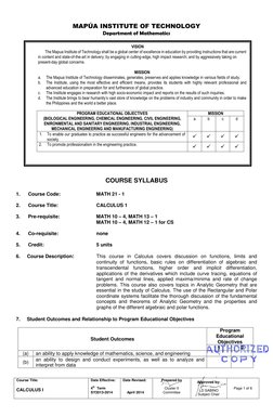 Course Title:  
         
CALCULUS I 
Date Effective: 
 
4th  Term 
SY2013-2014 
Date Revised: 
 
 
    April 2014 
 
Pre