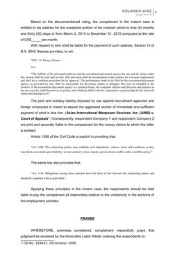 ROLANDO DIAZ
Legal FormS
7
Based on the abovementioned ruling, the complainant in the instant case is
entitled to his salarie