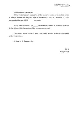 ROLANDO DIAZ
Legal FormS
8
1. Reinstate the complainant
2. Pay the complainant his salaries for the unexpired portion of his