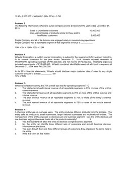 10 M – 6,000,000 – 300,000 (1.5M x 20%) = 3.7M
Problem E
The following information pertains to purple company and its divisio