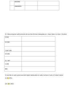 DECENA
UNIDADES 
IV ) Descomponer aditivamente de las dos formas trabajadas en  clase (2pto c/u total  14 ptos)
2.543 
13.345