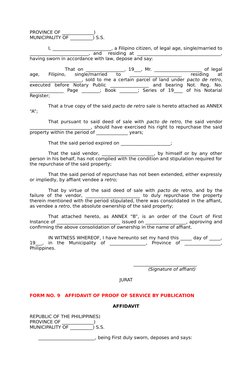 PROVINCE OF ______________)
MUNICIPALITY OF __________) S.S.
I, __________________________, a Filipino citizen, of legal age,