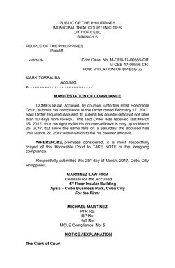 Compliance Manifestation in Court Case | PDF | Legal Procedure | Courts