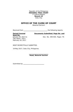 Republic of the Philippines
REGIONAL TRIAL COURT
7th Judicial Region
Branch 10
Cebu City
OFFICE OF THE CLERK OF COURT
(Notari