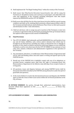 Draft MOA for the Ormoc City North Transport Terminal with Robinsons | Committee on Laws and Ordinances 
8. Shall implement t