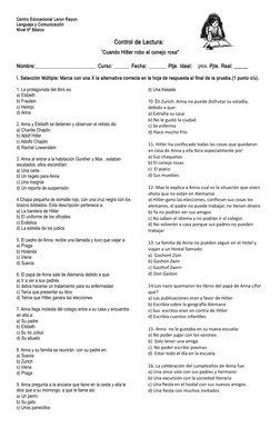 Centro Educacional Larun Rayun
Lenguaje y Comunicación
Nivel 6º Básico 
Control de Lectura: 
“Cuando Hitler robo el conejo ro