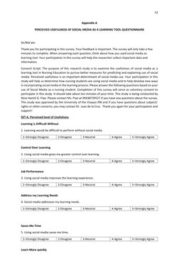 13 
 
Appendix A 
PERCEIVED USEFULNESS OF SOCIAL MEDIA AS A LEARNING TOOL QUESTIONNAIRE 
 
Sir/Ma’am: 
Thank you for particip