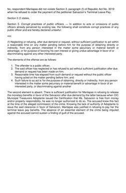 No, respondent Manlapas did not violate Section 3, paragraph (f) of Republic Act No. 3019
when he refused to order the payme