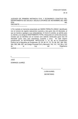 07024-2017-00345. 
Of. III
JUZGADO DE PRIMERA INSTANCIA CIVIL Y ECONOMICO COACTIVO DEL
DEPARTAMENTO DE SOLOLÁ. SOLOLÁ CATORCE
