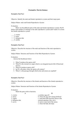 Formative Test in Science
Formative Test No.1
Objective: Identify the male and female reproductive system and their major par