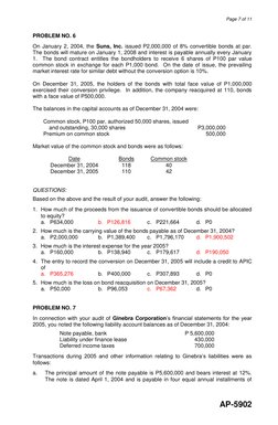 Page 7 of 11 
AP-5902 
 
PROBLEM NO. 6 
 
On January 2, 2004, the Suns, Inc. issued P2,000,000 of 8% convertible bonds at par