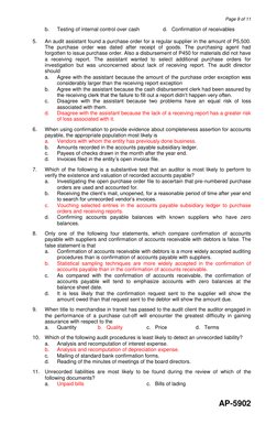 Page 9 of 11 
AP-5902 
b. 
Testing of internal control over cash 
 
d.   Confirmation of receivables 
 
5. 
An audit assistan