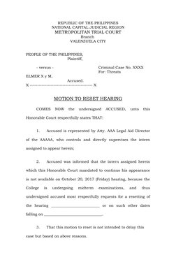 Motion to Reset Hearing in Criminal Case | PDF | Common Law | Virtue