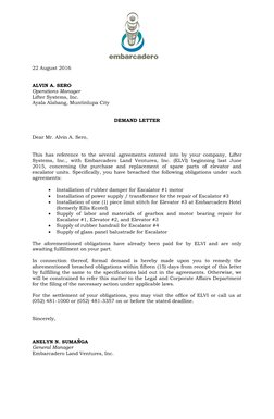 22 August 2016 
 
 
ALVIN A. SERO 
Operations Manager 
Lifter Systems, Inc. 
Ayala Alabang, Muntinlupa City 
 
 
DEMAND L