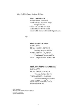3 
 
 
 
May 29, 2018. Tago, Surigao del Sur. 
 
DIAZ LAW OFFICE 
(Counsel for the Petitioner) 
 
 
 
 
Purok Sandiya, Victor