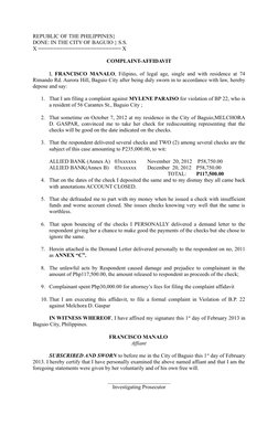 REPUBLIC OF THE PHILIPPINES} 
DONE: IN THE CITY OF BAGUIO } S.S.
X =========================== X
COMPLAINT-AFFIDAVIT
I,  FRAN