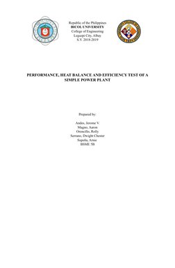 Republic of the Philippines
BICOL UNIVERSITY
College of Engineering
Legazpi City, Albay
S.Y. 2018-2019
PERFORMANCE, HEAT BALA