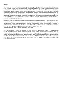 RULING: 
 
Yes. Article 1456 of the Civil Code provides that a person acquiring a property through fraud becomes an implied t