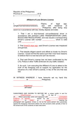 Republic of the Philippines)
Province of _______________) S.S.
x - - - - - - - - - - - - - - - - - - - - - - - x
Affidavit of