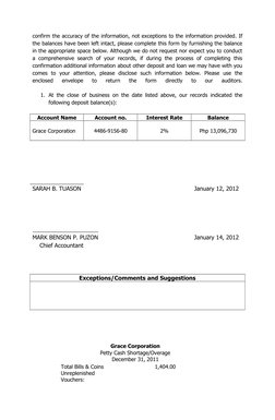 confirm the accuracy of the information, not exceptions to the information provided. If
the balances have been left intact, p