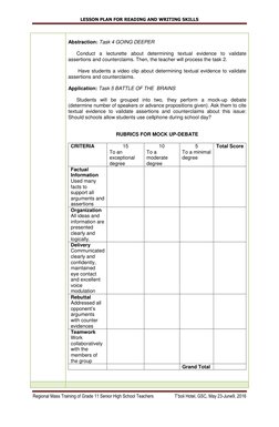 LESSON PLAN FOR READING AND WRITING SKILLS 
 
Regional Mass Training of Grade 11 Senior High School Teachers 
T’boli Hotel, G