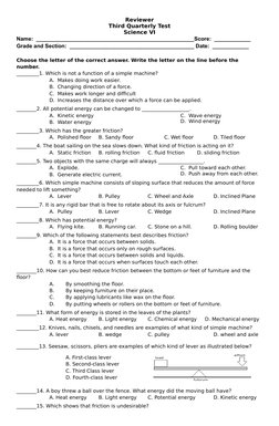 Grade 6 Science Quarterly Test Review | PDF | Friction | Force