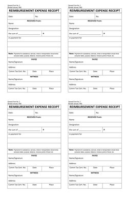 General Form No. 2 
Revised January 1992 
REIMBURSEMENT EXPENSE RECEIPT 
 
Date: 
No. 
RECEIVED From: 
Name 
 
Designation 
t