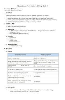 Grade 11 Reading & Writing Lesson Plan | PDF | Brainstorming | Lesson Plan