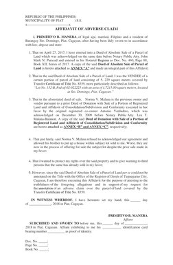 Affidavit of Adverse Claim in Piat | PDF | Justice | Crime & Violence