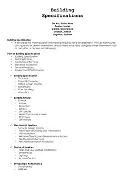Building  
Specifications 
 
De Ala, Shaira Mae 
Duetes, Isabel 
Garcia, Dora Grace 
Oronan, Jerrson 
Soguilon, Sadrem 
 
Bui
