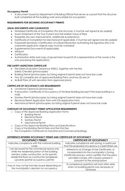 Occupancy Permit 
• 
A document issued by Department of Building Official that serves as a proof that the structure 
built