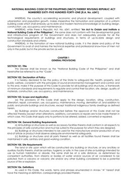 NATIONAL BUILDING CODE OF THE PHILIPPINES (NBCP) THEREBY REVISING REPUBLIC ACT 
NUMBERED SIXTY-FIVE HUNDRED FORTY-ONE (R.A. N