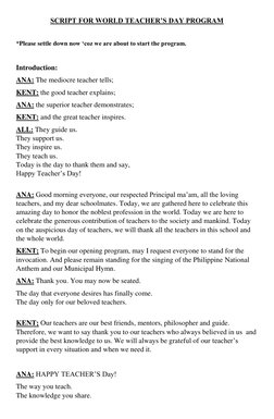 SCRIPT FOR WORLD TEACHER’S DAY PROGRAM 
 
*Please settle down now ‘coz we are about to start the program. 
 
Introduction: