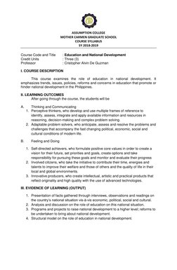 ASSUMPTION COLLEGE 
MOTHER CARMEN GRADUATE SCHOOL 
COURSE SYLLABUS 
SY 2018-2019 
 
Course Code and Title 
: Education an