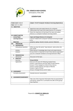 STA. IGNACIA HIGH SCHOOL
Santa Ignacia, Tarlac 2303
LESSON PLAN
Grade Level: Grade 8
Subject: TLE-ICT Computer Hardware Servi
