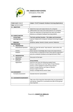 STA. IGNACIA HIGH SCHOOL
Santa Ignacia, Tarlac 2303
LESSON PLAN
Grade Level: Grade 8
Subject: TLE-ICT Computer Hardware Servi