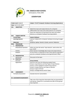 STA. IGNACIA HIGH SCHOOL
Santa Ignacia, Tarlac 2303
LESSON PLAN
Grade Level: Grade 8
Subject: TLE-ICT Computer Hardware Servi