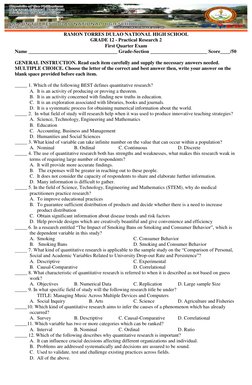 Grade 12 Practical Research 2 Exam Q1 | PDF | Citation | Quantitative ...