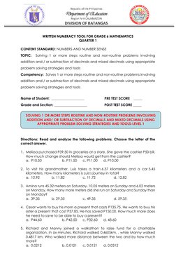 WRITTEN NUMERACY TOOL FOR GRADE 6 MATHEMATICS 
QUARTER 1 
 
CONTENT STANDARD: NUMBERS AND NUMBER SENSE 
TOPIC:  S