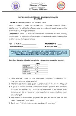 WRITTEN NUMERACY TOOL FOR GRADE 6 MATHEMATICS 
QUARTER 1 
 
CONTENT STANDARD: NUMBERS AND NUMBER SENSE 
TOPIC: