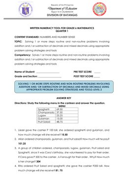 WRITTEN NUMERACY TOOL FOR GRADE 6 MATHEMATICS 
QUARTER 1 
 
CONTENT STANDARD: NUMBERS AND NUMBER SENSE 
TOPIC: