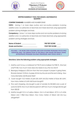 WRITTEN NUMERACY TOOL FOR GRADE 6 MATHEMATICS 
QUARTER 1 
 
CONTENT STANDARD: NUMBERS AND NUMBER SENSE 
TOPIC: