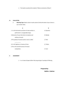 Elements of Music Lesson Plan for Grade 7 | PDF | Singing | Pedagogy