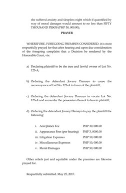 she suffered anxiety and sleepless night which if quantified by 
way of moral damages would amount to no less than FIFTY 
THO
